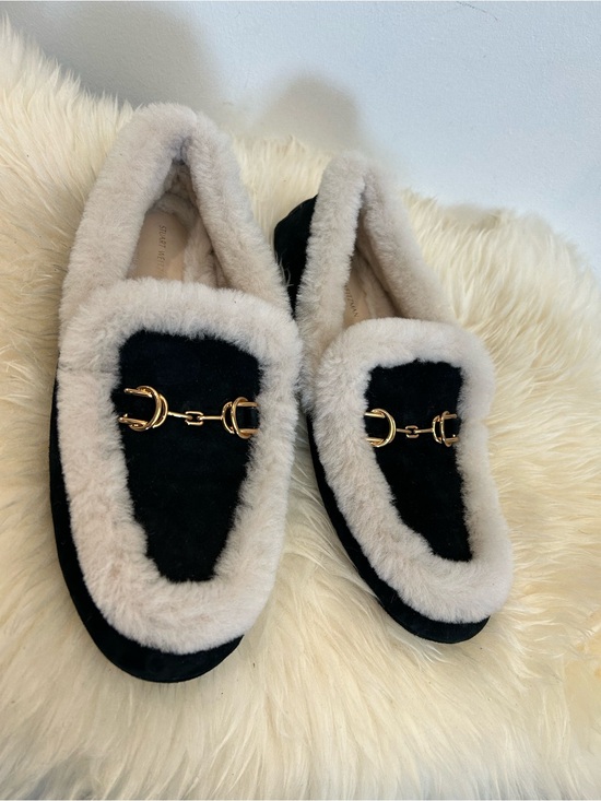 Stuart Weitzman Shoes - Stuart Weitzman Black Suede Loafers with Cream Shearling Trim and Gold Hardware